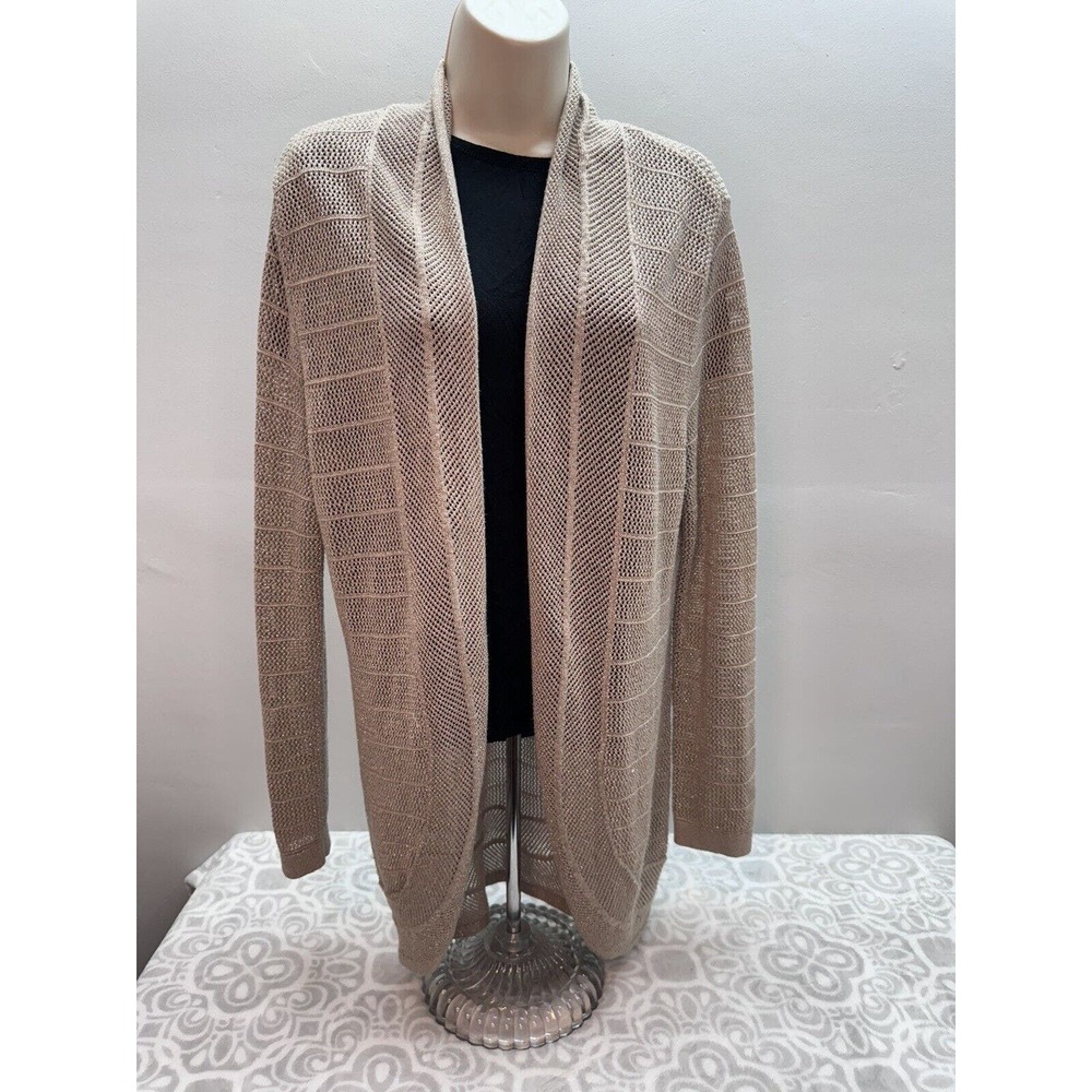 CHICOS Travelers Crochet Shimmer Open Front Cardigan Taupe Tan Sand Sz 2/12-14